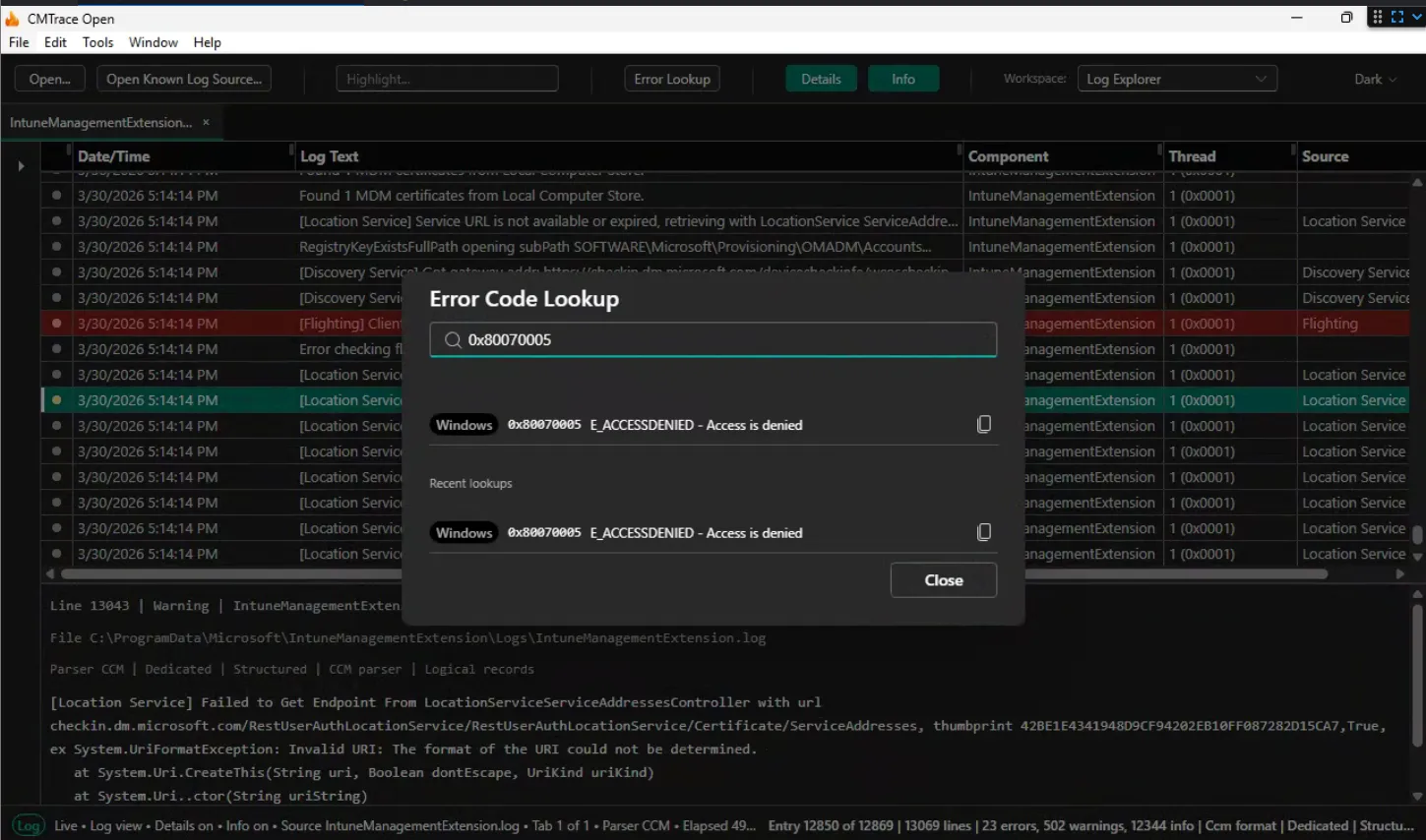 Screenshot: Error Lookup dialog showing 0x80070005 result