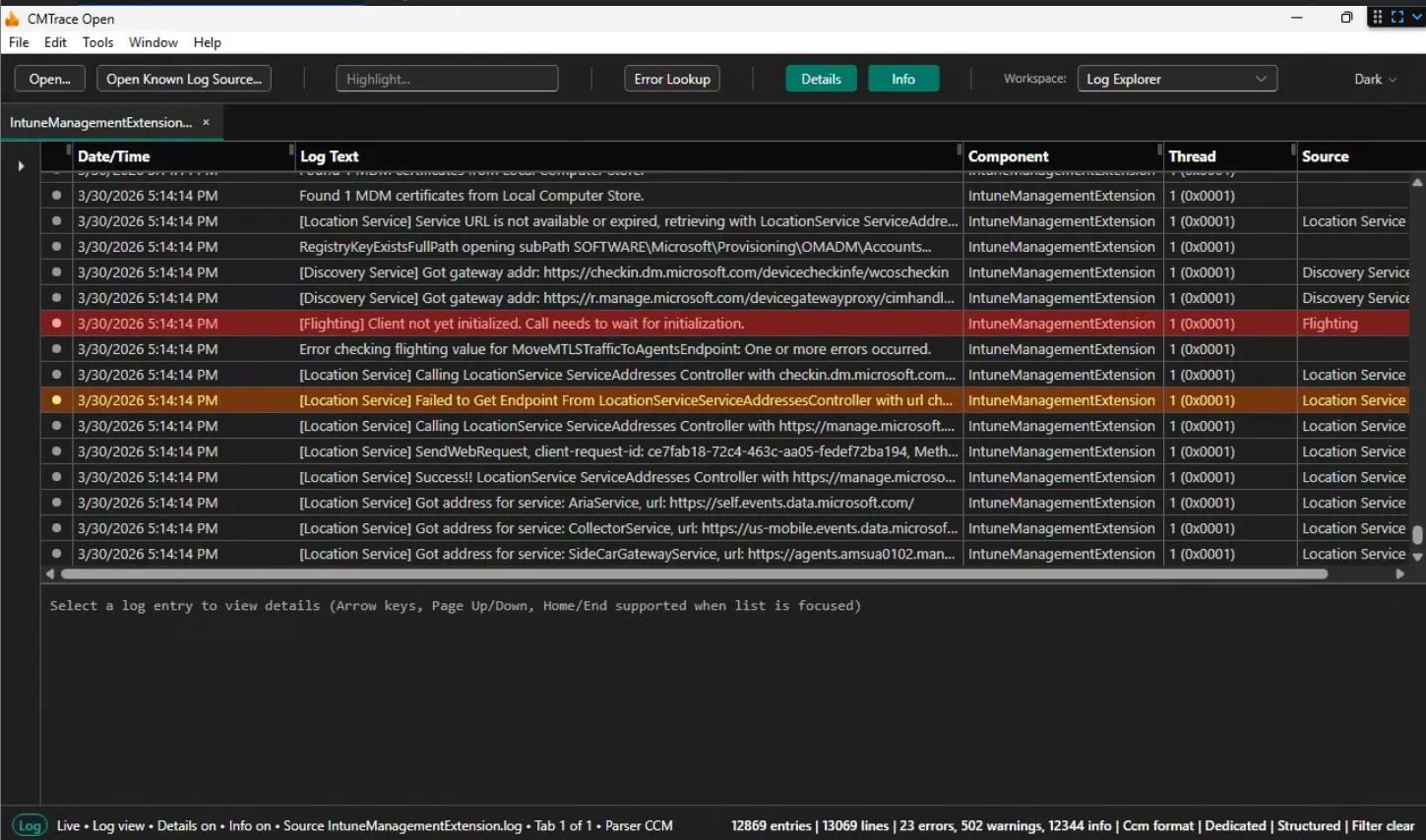 Screenshot: IME log loaded with colored severity rows