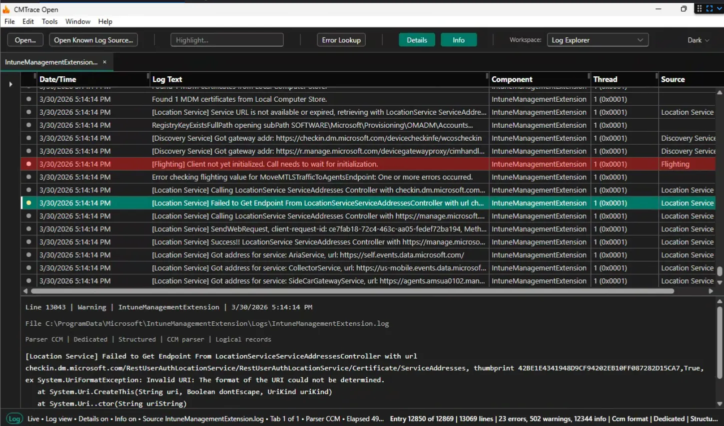 Screenshot: row selected with details pane showing full entry