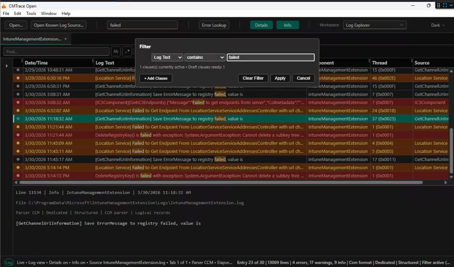 Screenshot: Filter dialog with Severity = Error clause