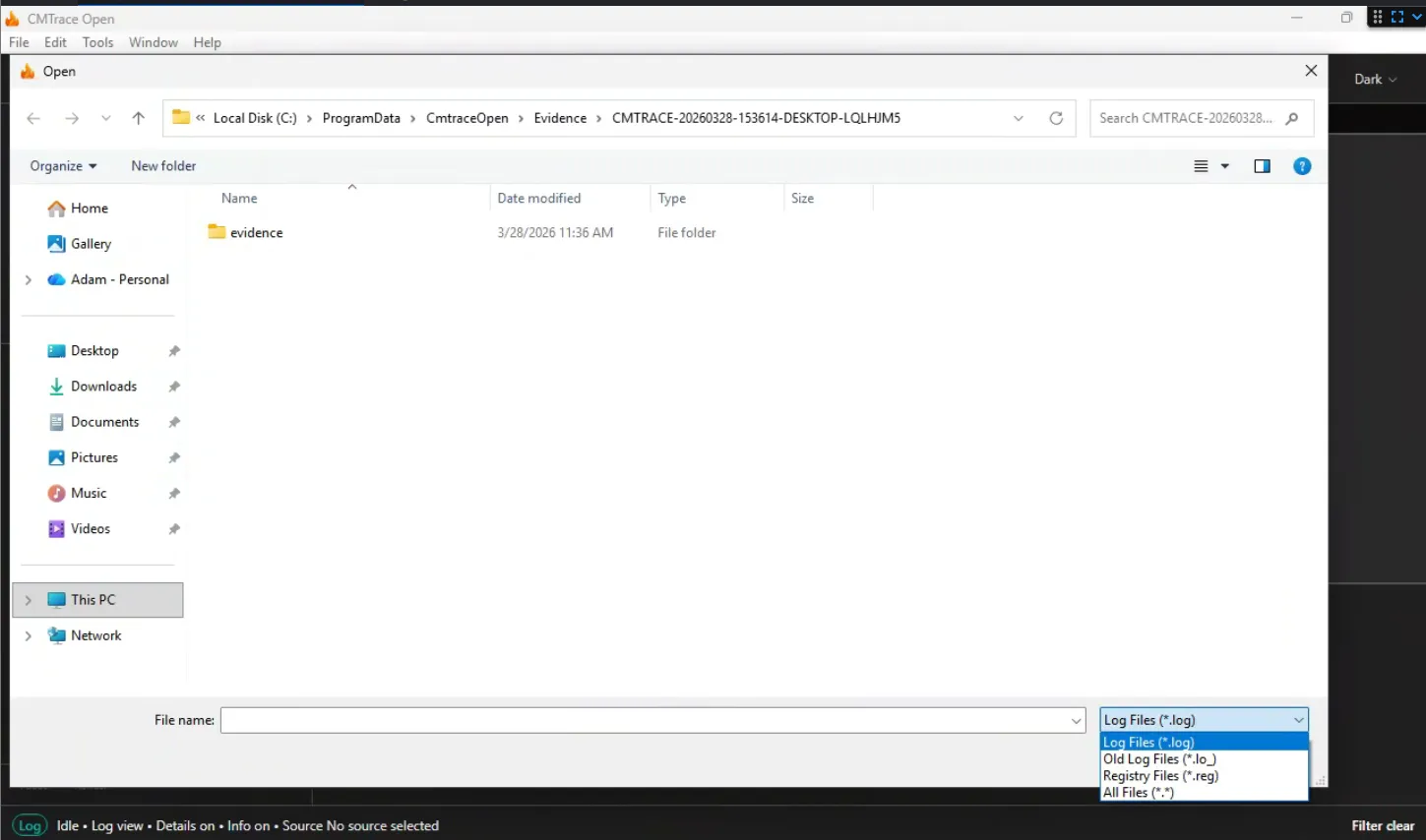 Screenshot: file open dialog with filters visible