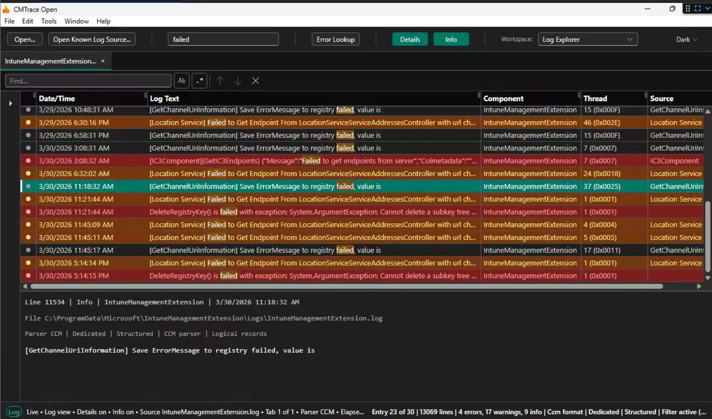 Screenshot: filtered view showing only error rows